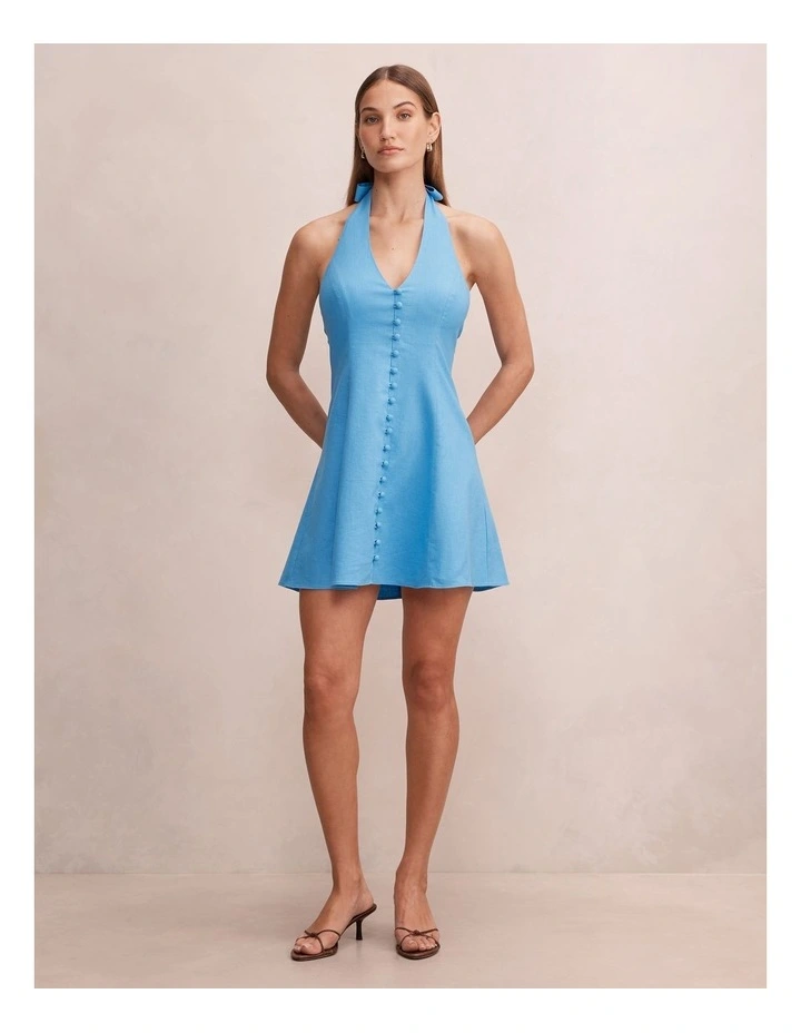 Ina Button Front Halter Neck Mini Dress in Blue image 5