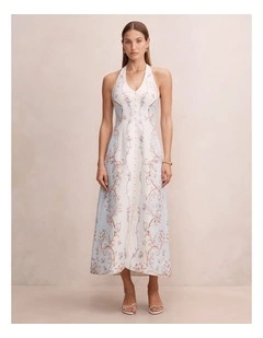 Kairo Halter Neck Button Front Midi Dress in Blue