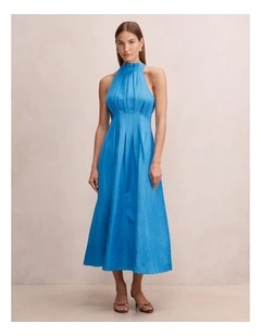 Miller Pleat Halter Midi Dress in Blue