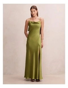 Allora Ruffle Back Satin Maxi Dress in Green