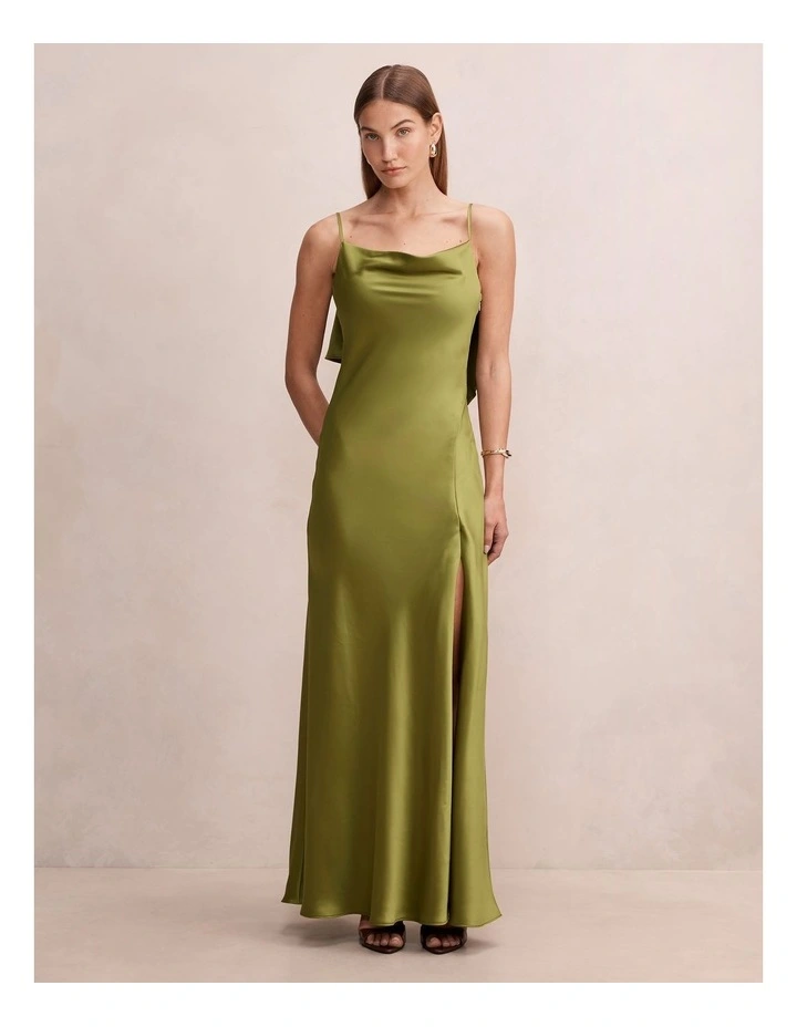 Allora Ruffle Back Satin Maxi Dress in Green image 1