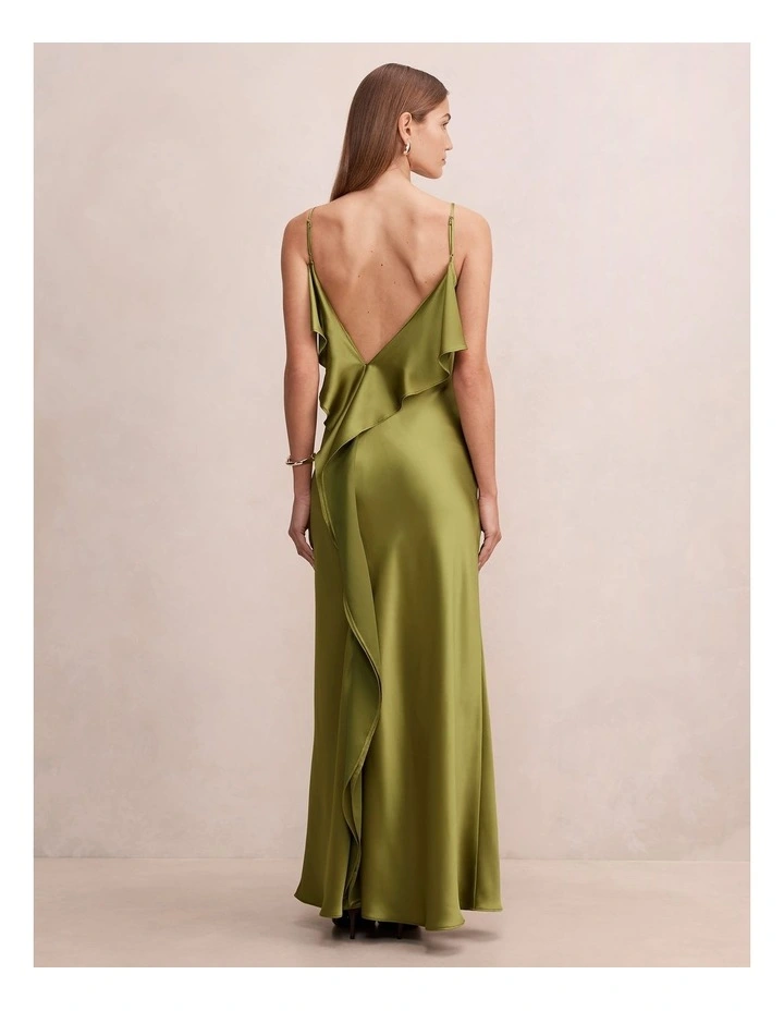 Allora Ruffle Back Satin Maxi Dress in Green image 2