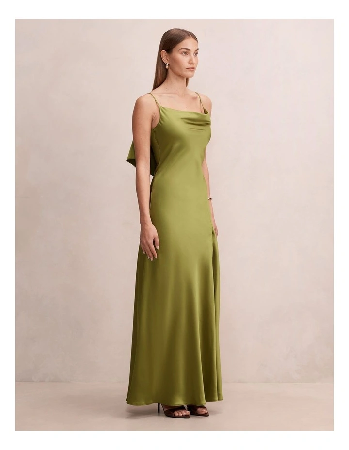 Allora Ruffle Back Satin Maxi Dress in Green image 3