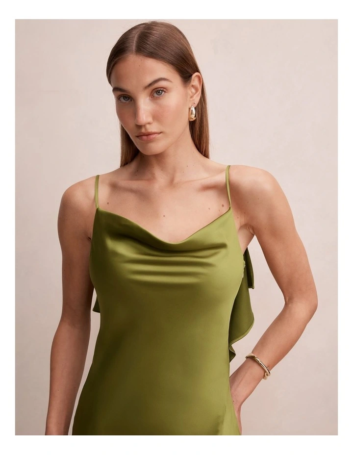 Allora Ruffle Back Satin Maxi Dress in Green image 4