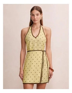 Ava Wrap Halter Neck Linen Mini dress in Yellow