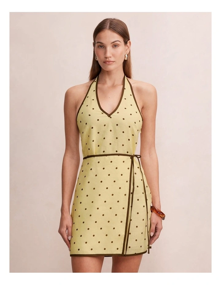 Ava Wrap Halter Neck Linen Mini dress in Yellow image 1