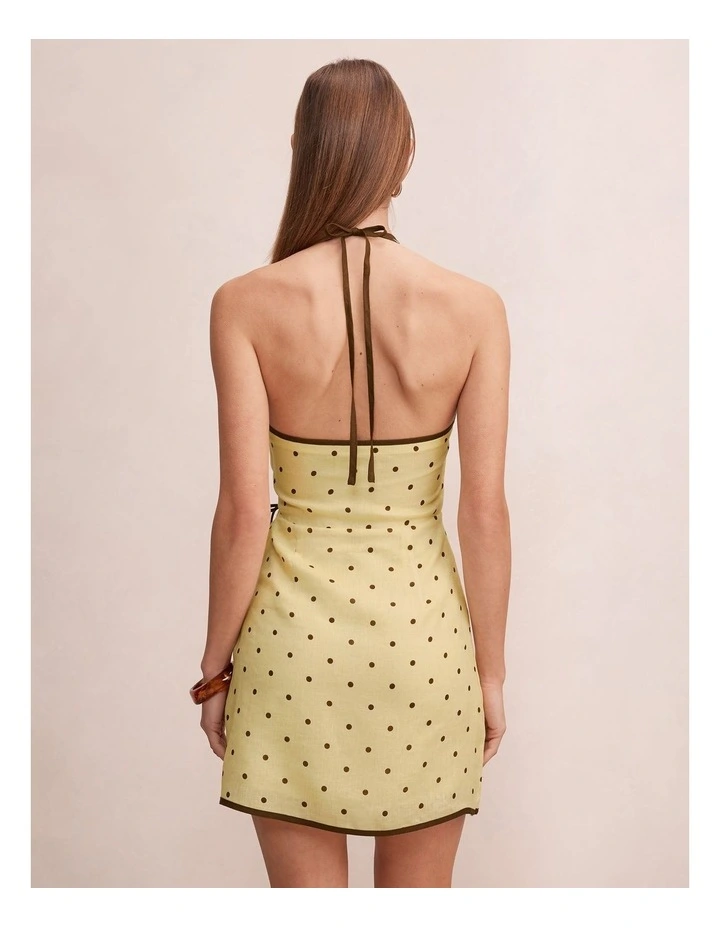 Ava Wrap Halter Neck Linen Mini dress in Yellow image 2