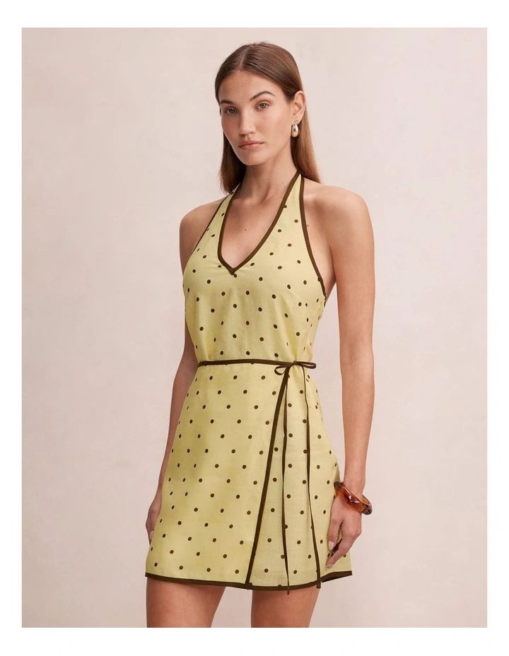 Ava Wrap Halter Neck Linen Mini dress in Yellow image 3
