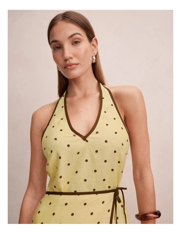 Ava Wrap Halter Neck Linen Mini dress in Yellow image 4