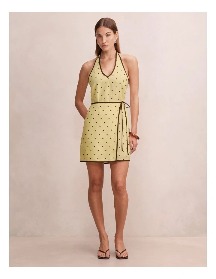 Ava Wrap Halter Neck Linen Mini dress in Yellow image 5