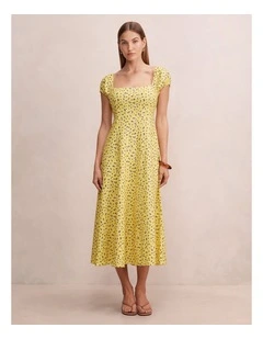Sadie Cap Sleeves Linen Midi Dress in Yellow