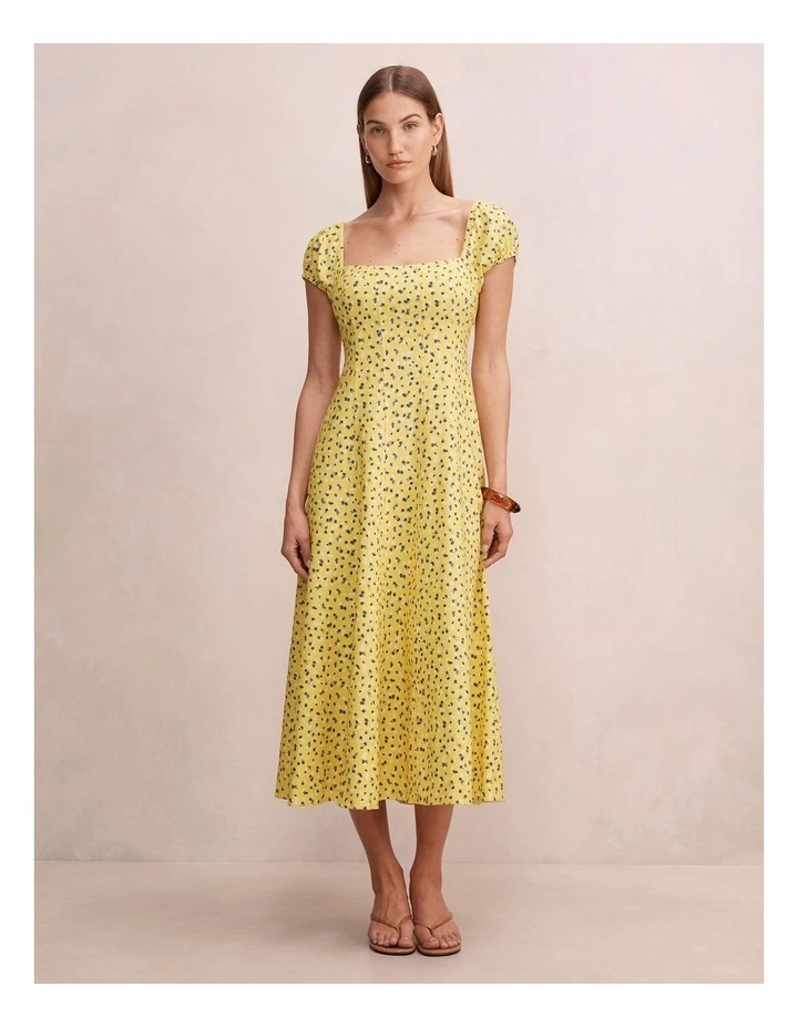 Sadie Cap Sleeves Linen Midi Dress in Yellow image 1