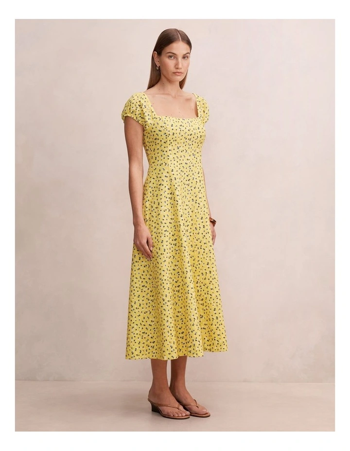 Sadie Cap Sleeves Linen Midi Dress in Yellow image 3