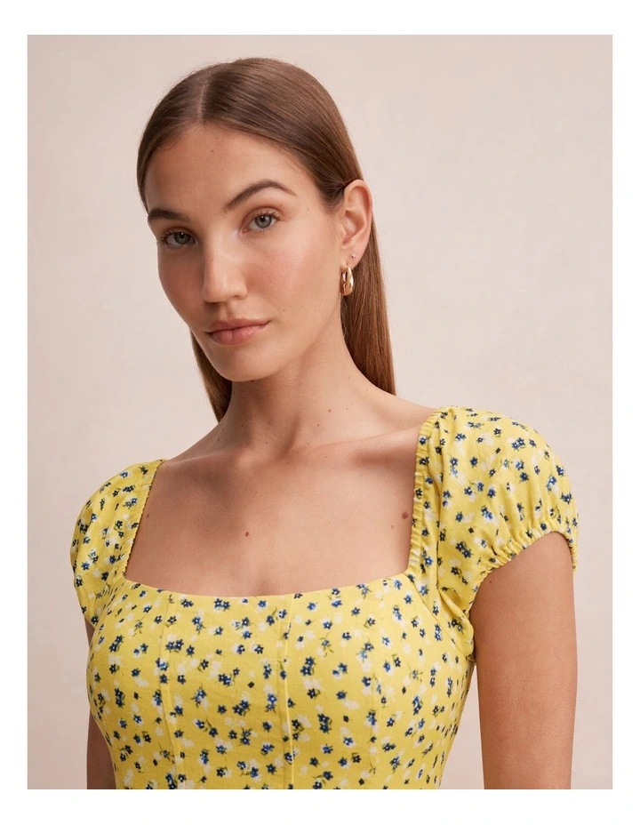 Sadie Cap Sleeves Linen Midi Dress in Yellow image 4