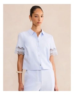 Freya Lace Trim Linen Shirt in Blue