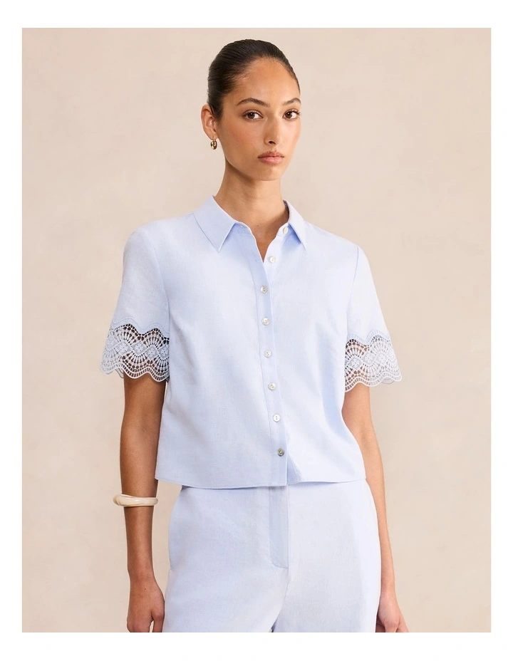 Freya Lace Trim Linen Shirt in Blue image 1