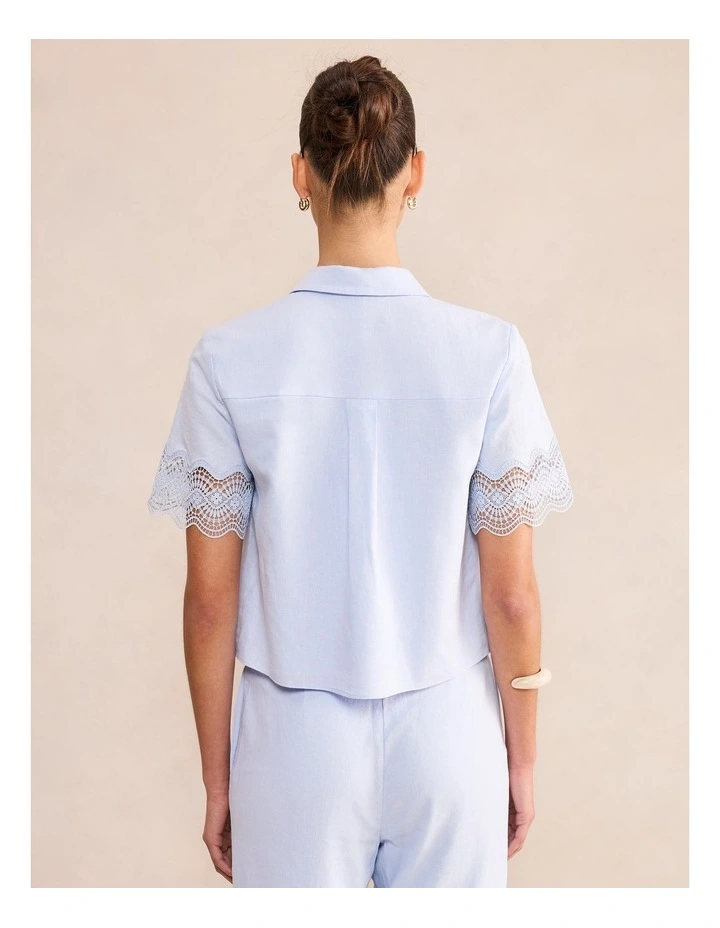 Freya Lace Trim Linen Shirt in Blue image 2