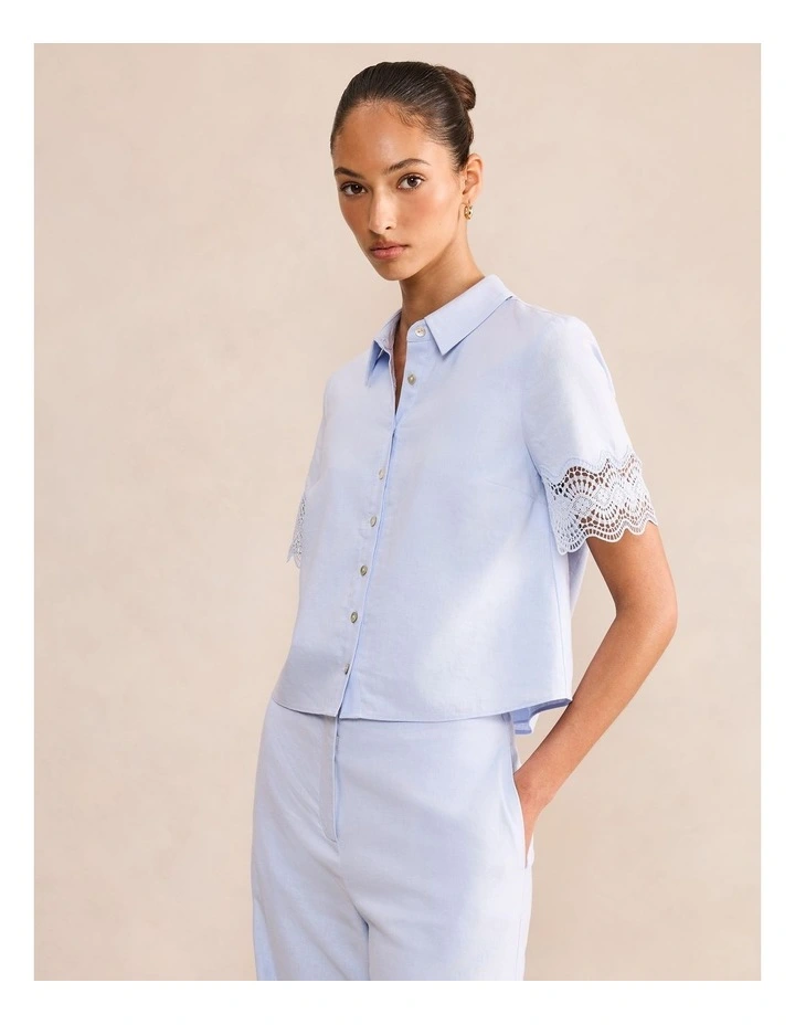 Freya Lace Trim Linen Shirt in Blue image 3