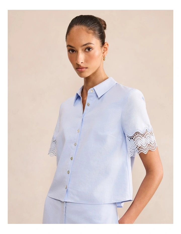 Freya Lace Trim Linen Shirt in Blue image 4