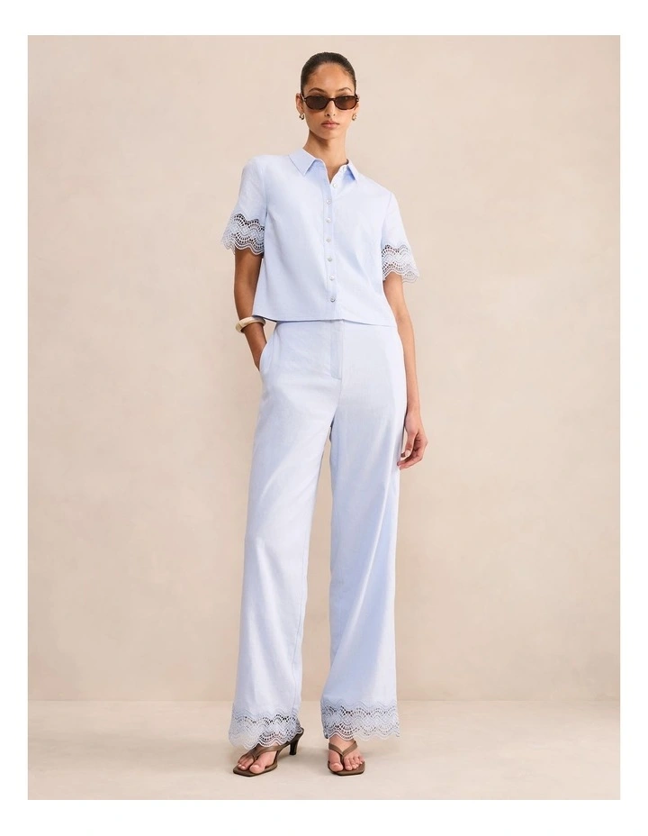 Freya Lace Trim Linen Shirt in Blue image 5