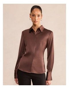Gigi Fitted Cuffed Shirt in Brown