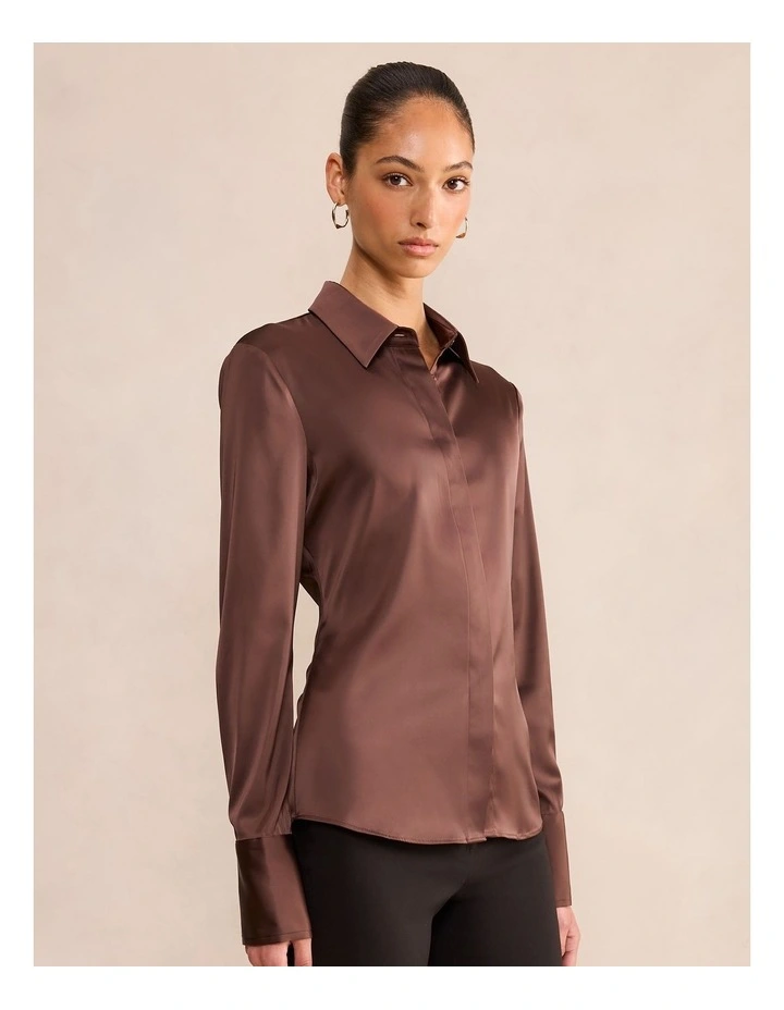 Gigi Fitted Cuffed Shirt in Brown image 3