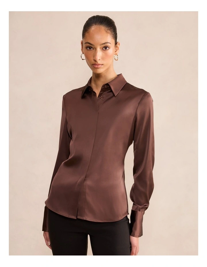 Gigi Fitted Cuffed Shirt in Brown image 4