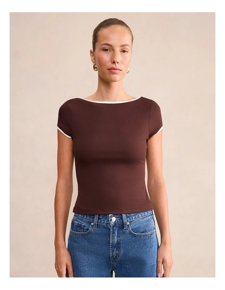 Luna Contrast Bind T-shirt in Chocolate image 1