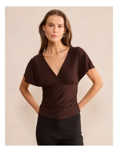 Bobbie Wrap Flutter Sleeves Top in Brown