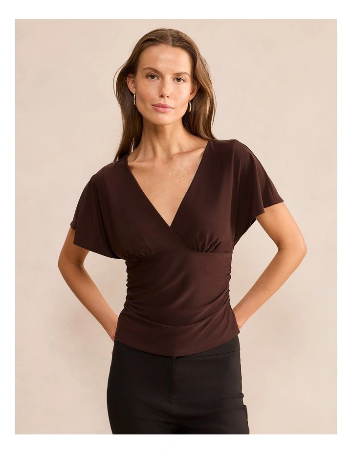 Bobbie Wrap Flutter Sleeves Top in Brown image 1