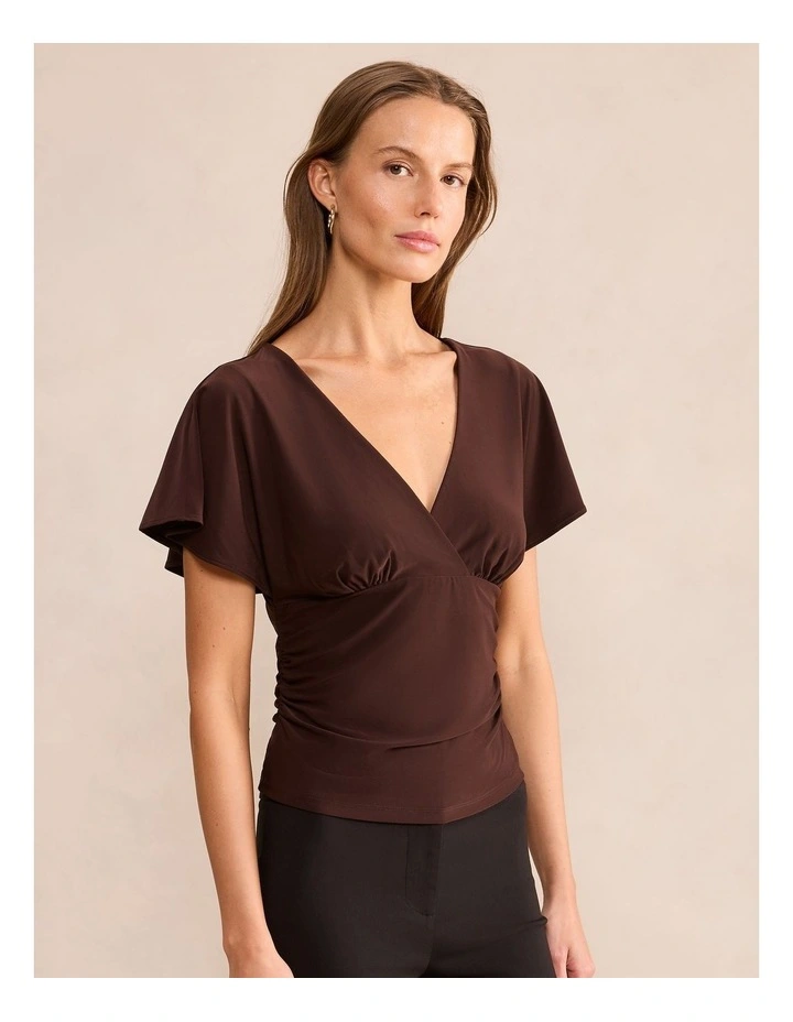Bobbie Wrap Flutter Sleeves Top in Brown image 3