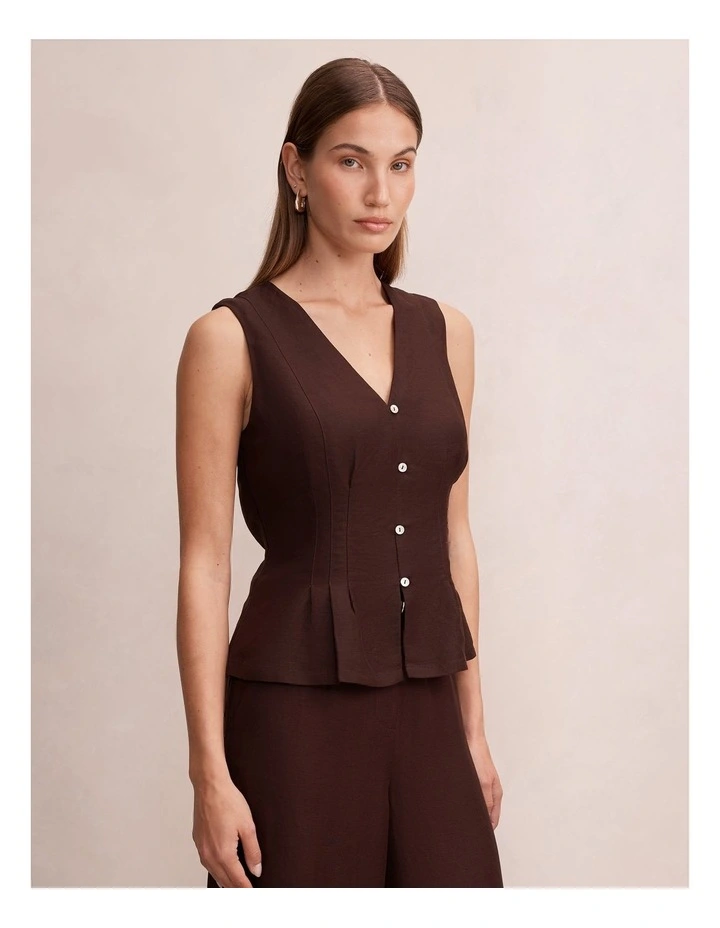 Portia Pleated Linen Top in Chocolate image 3