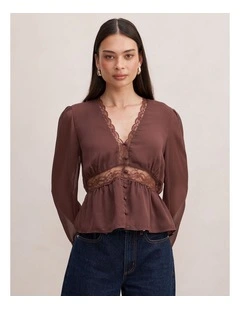 Matilda Lace Detail Blouse in Brown