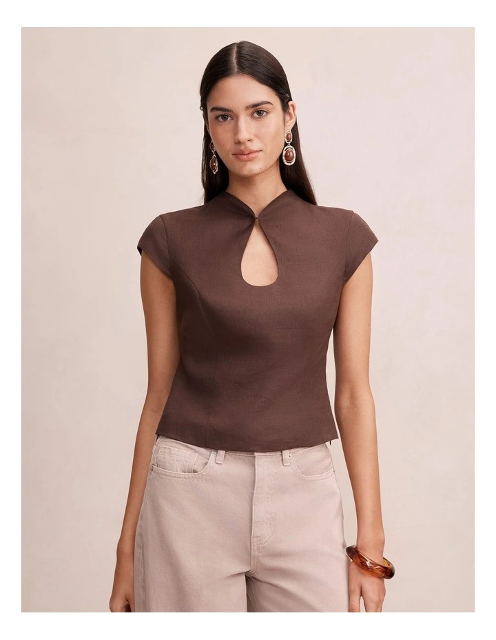 Ayla Keyhole Linen Top in Chocolate image 1