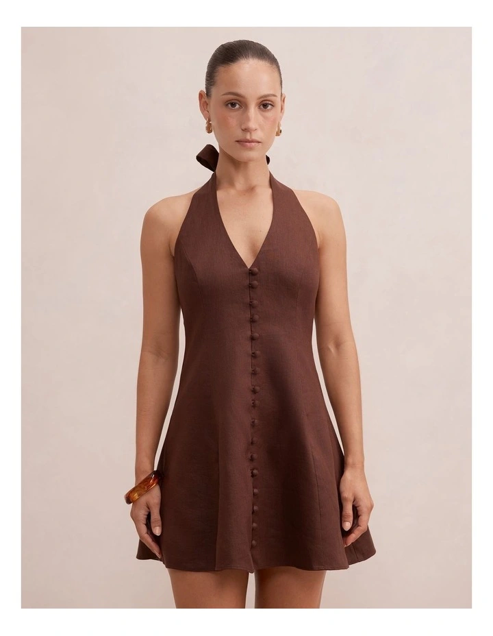 Ina Halter Neck Linen Mini Dress in Brown image 1