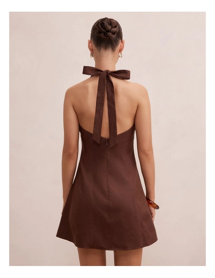 Ina Halter Neck Linen Mini Dress in Brown image 2
