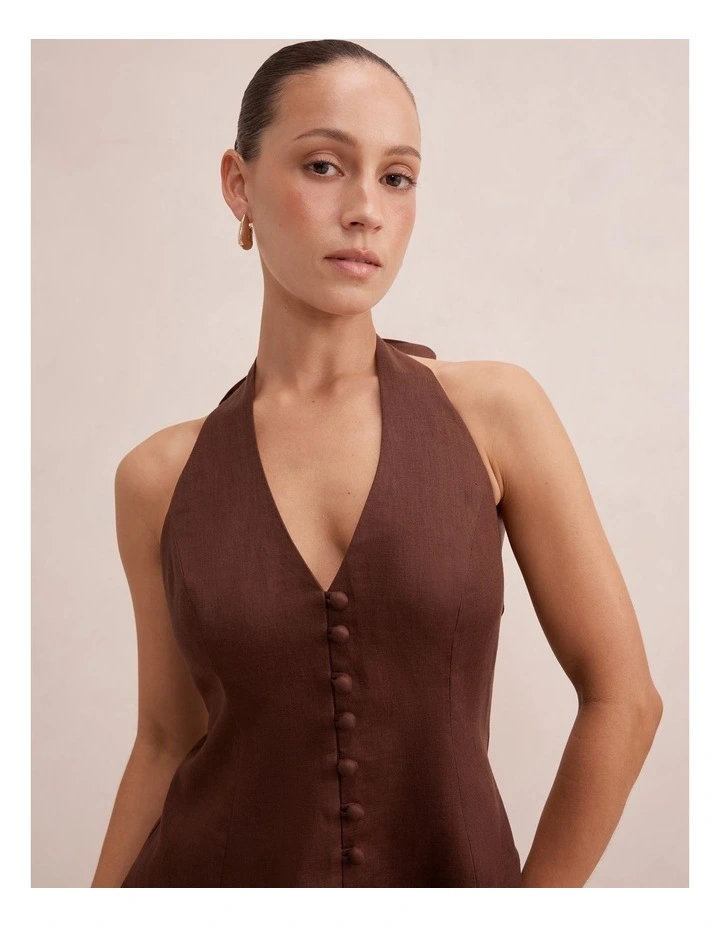 Ina Halter Neck Linen Mini Dress in Brown image 4