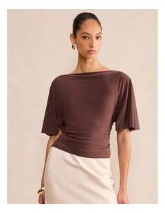 Paige Flutter Sleeves Tie Back Top in Brown