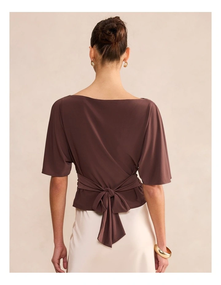 Paige Flutter Sleeves Tie Back Top in Brown image 2