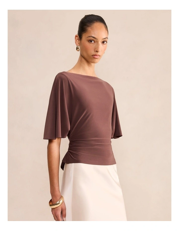 Paige Flutter Sleeves Tie Back Top in Brown image 3
