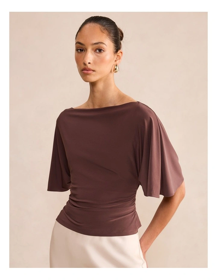 Paige Flutter Sleeves Tie Back Top in Brown image 4