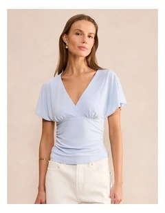 Bobbie Wrap Flutter Sleeves Top in Blue