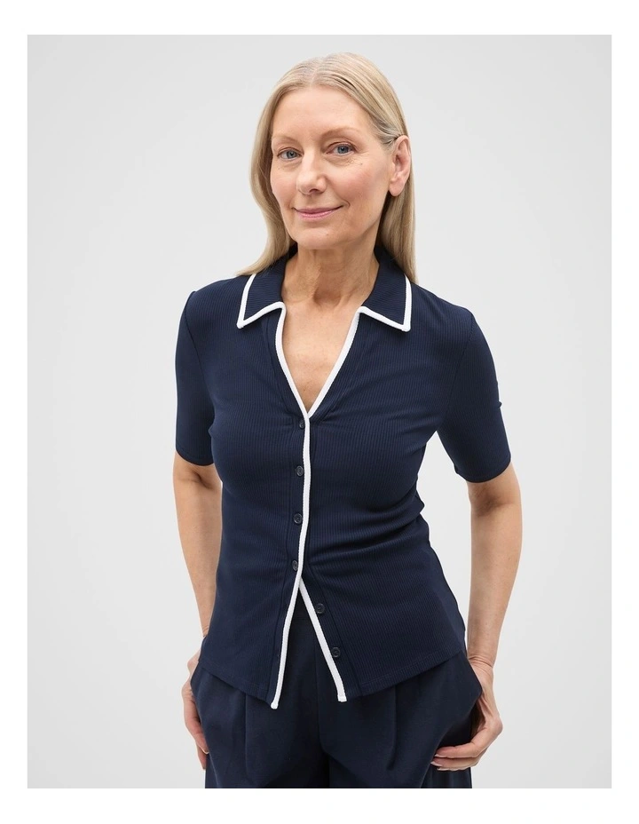 Rib Contrast Button Down Top in Twilight Blue image 1