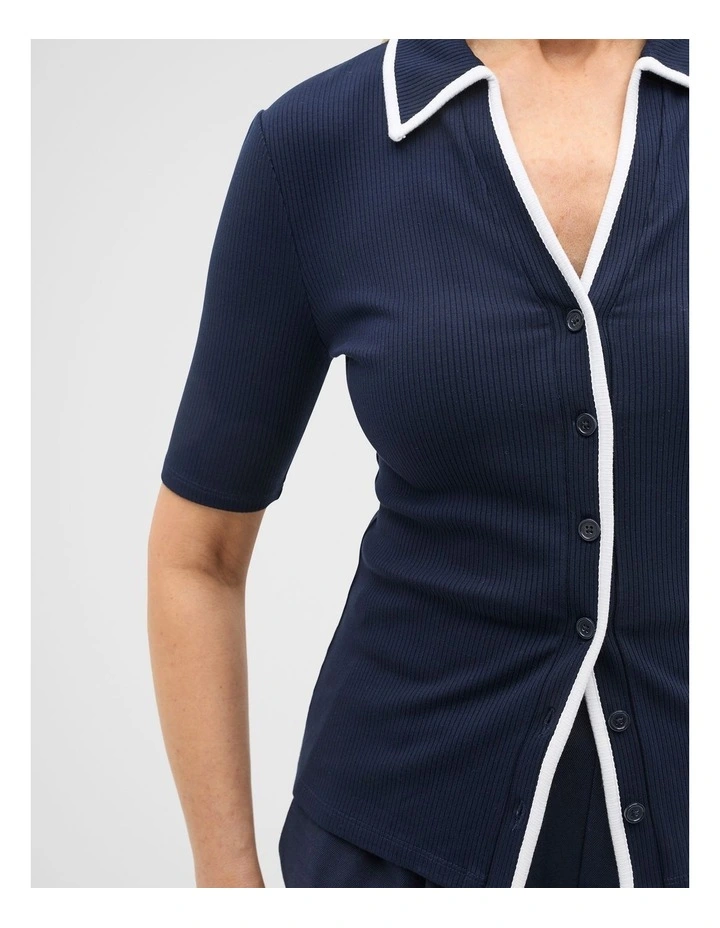 Rib Contrast Button Down Top in Twilight Blue image 4