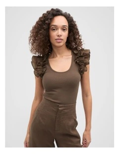 Ruffle Sleeve Rib Tank in Pinecone
