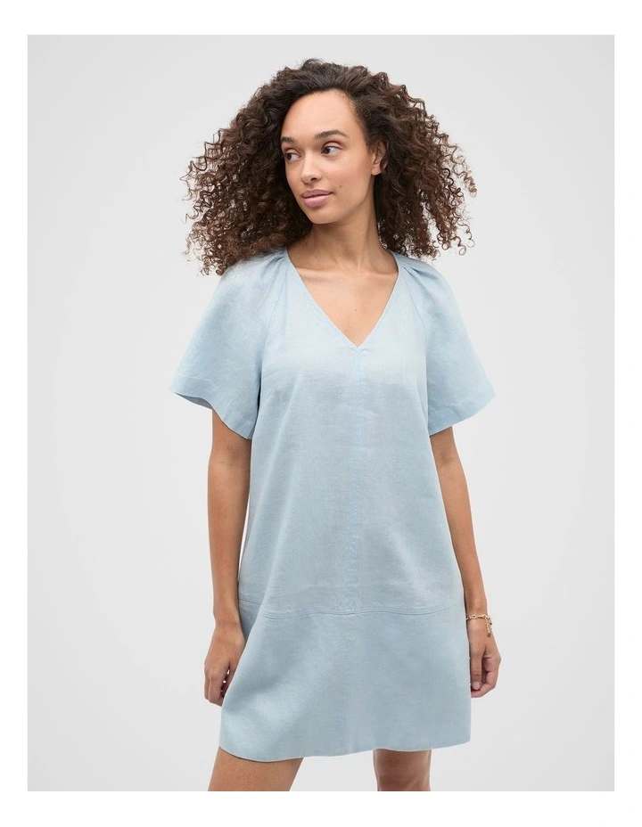 Linen V Neck Flutter Sleeve Mini Dress in Bluebell image 1