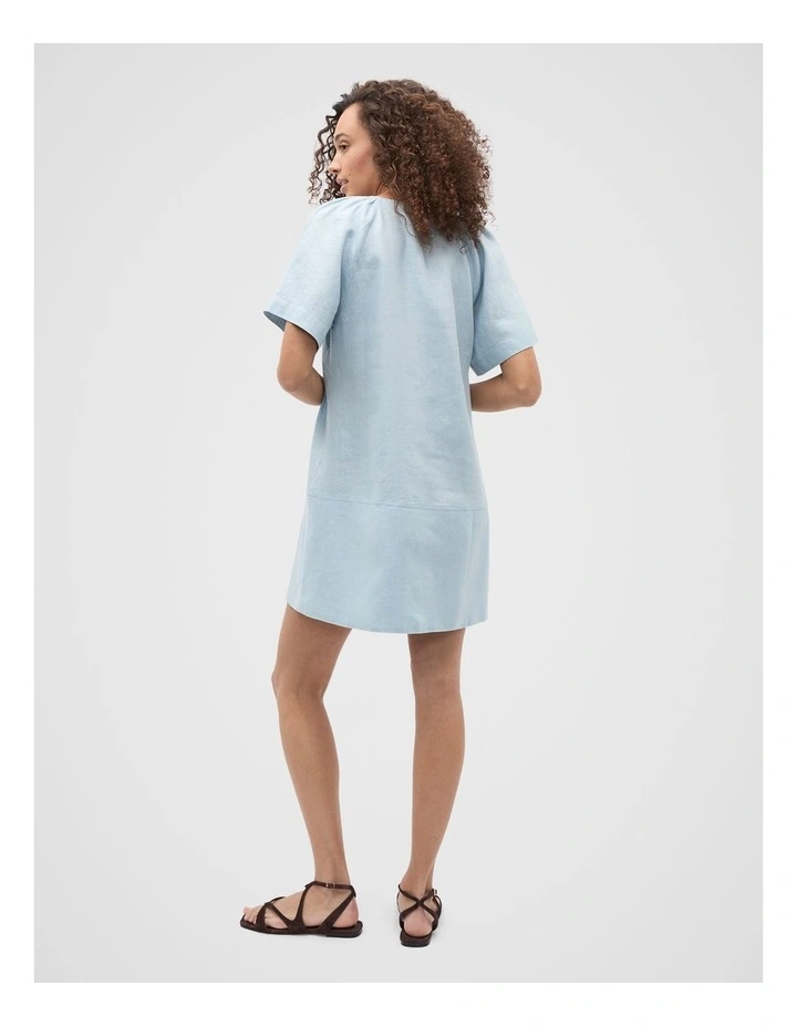Linen V Neck Flutter Sleeve Mini Dress in Bluebell image 2