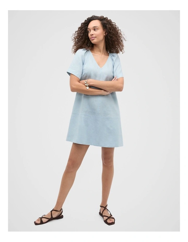 Linen V Neck Flutter Sleeve Mini Dress in Bluebell image 3