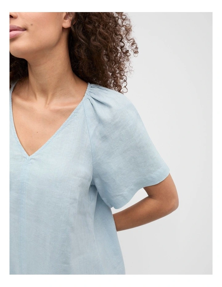 Linen V Neck Flutter Sleeve Mini Dress in Bluebell image 4