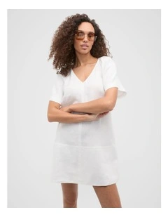 Linen V Neck Flutter Sleeve Mini Dress in Whisper White
